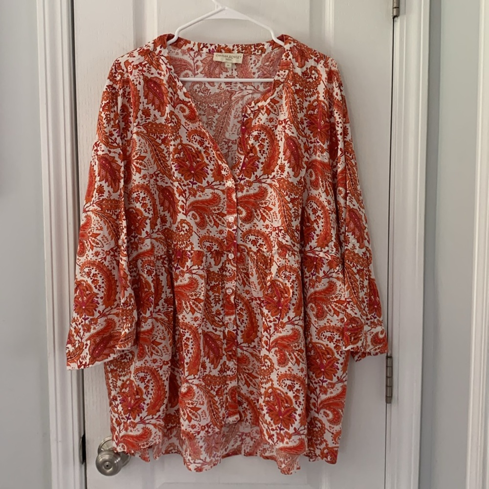 Cynthia Rowley Linen Blend Orange and Cream Paisley Babydoll Tunic - Plus 3X